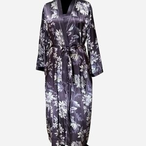 Floral Satin Kimono Robe - Purple and White
